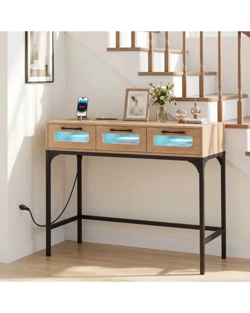 Console Table with LED Lighting and Charging Station for Living Room and Hallway-Natural - Natural - Console Tables