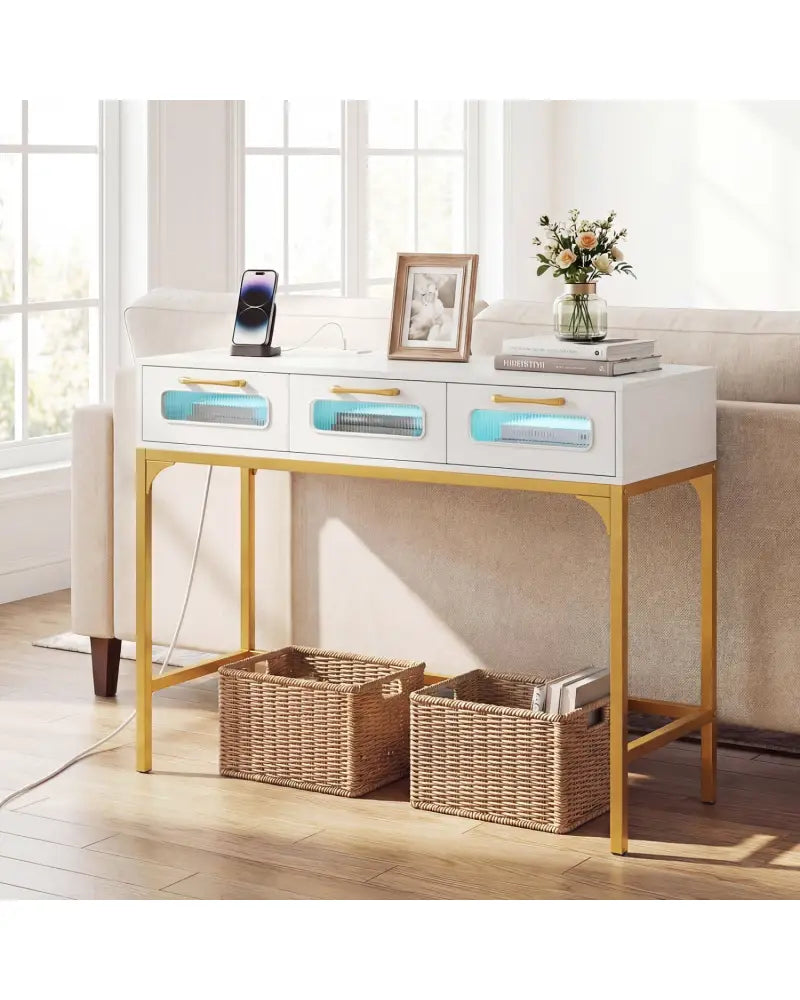 Console Table with LED Lighting and Charging Station for Living Room and Hallway-White - White - Console Tables