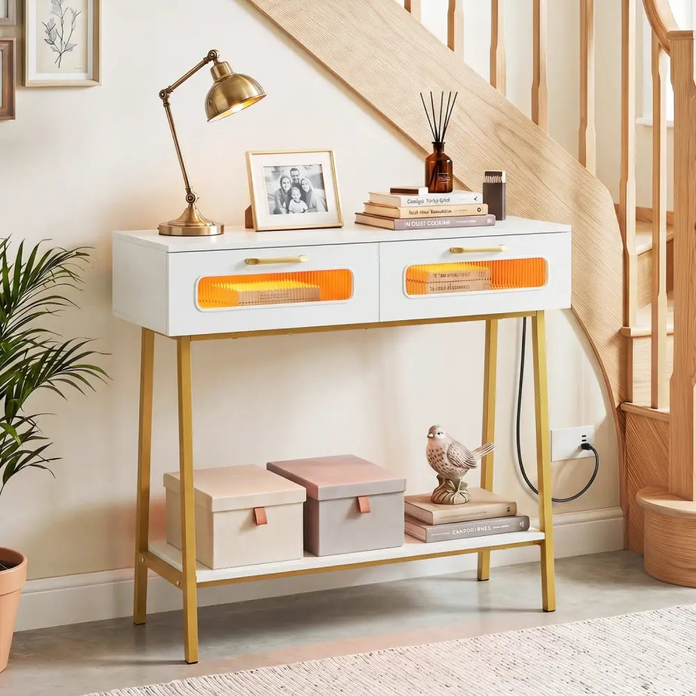 Console Table with LED Lights and Open Shelf for Hallway Entrance-White - White - Console Tables
