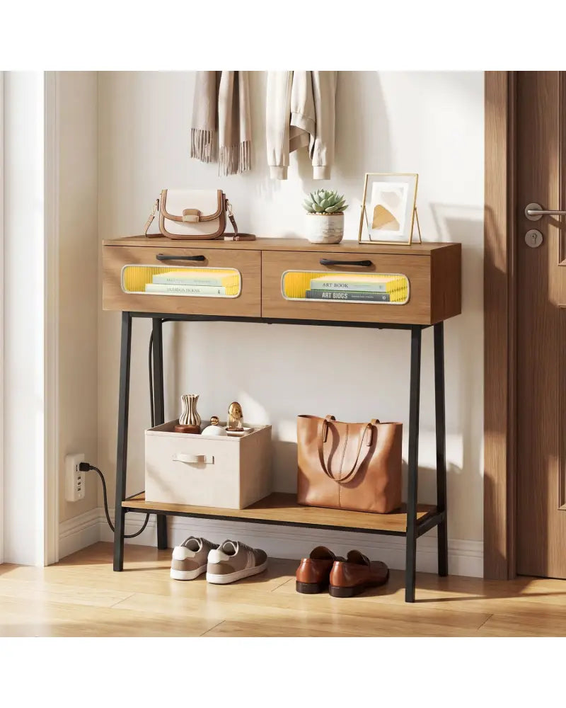 Console Table with LED Lights and Open Shelf for Hallway Entrance-Natural - Natural - Console Tables