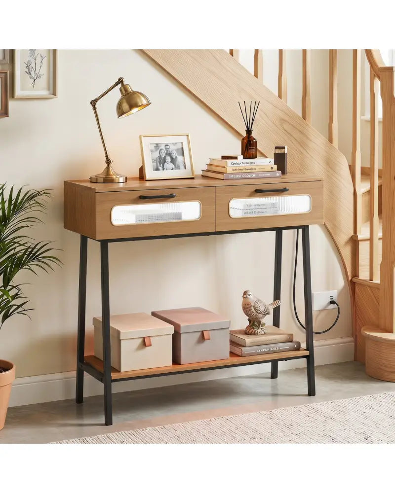 Console Table with LED Lights and Open Shelf for Hallway Entrance-Natural - Natural - Console Tables