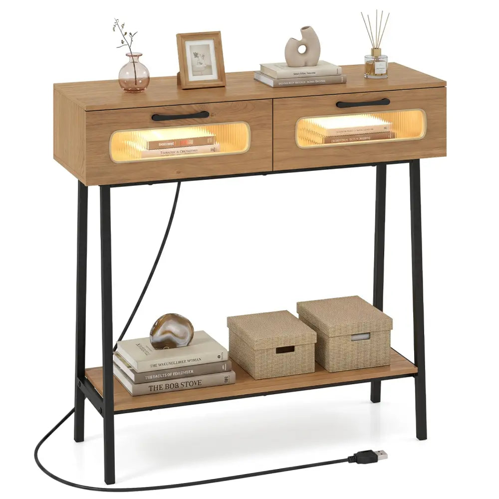 Console Table with LED Lights and Open Shelf for Hallway Entrance-Natural - Natural - Console Tables