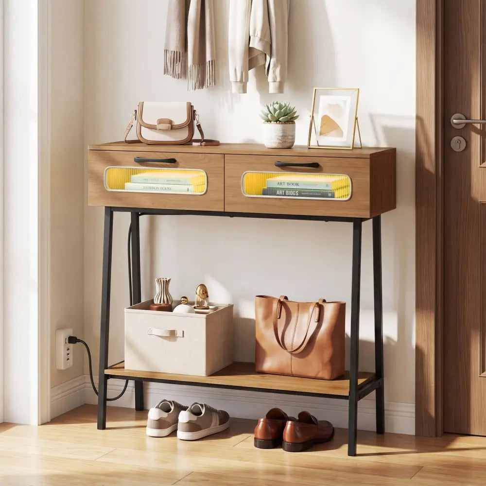 Console Table with LED Lights and Open Shelf for Hallway Entrance-Natural - Natural - Console Tables