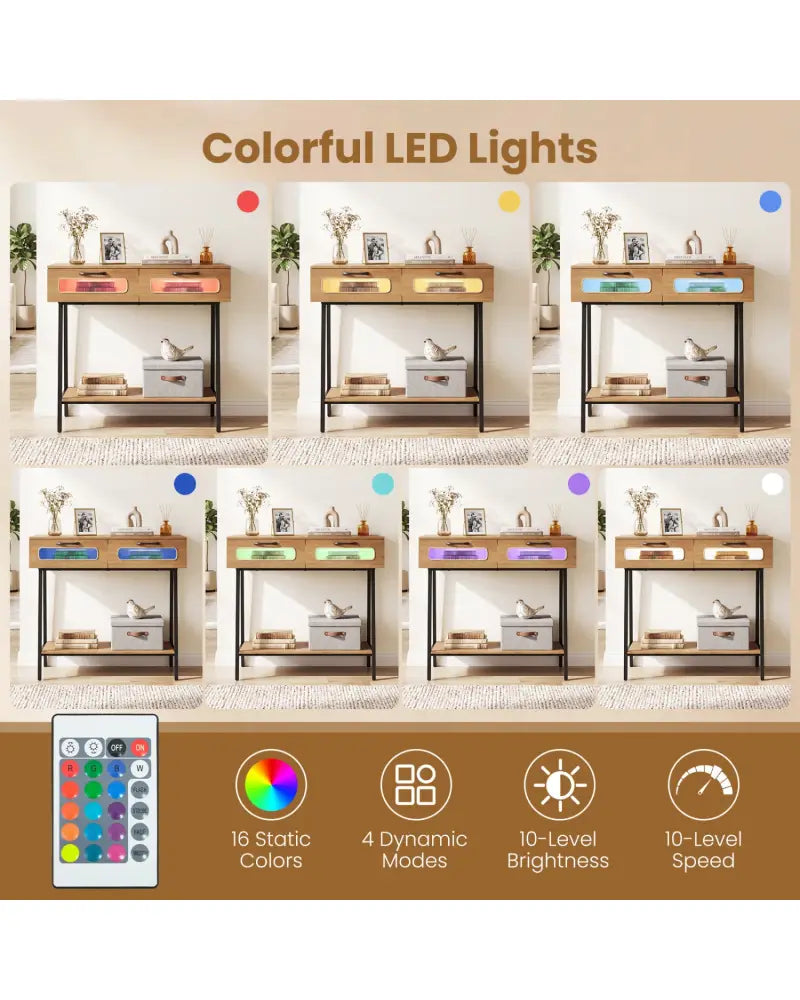 Console Table with LED Lights and Open Shelf for Hallway Entrance-Natural - Natural - Console Tables