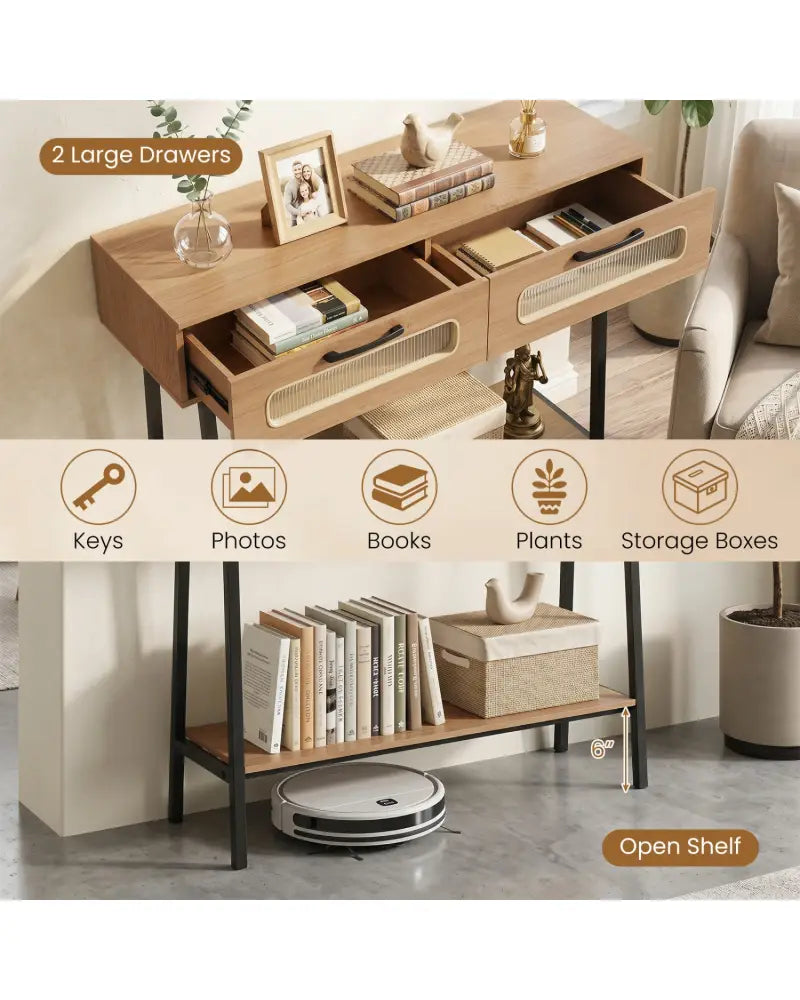 Console Table with LED Lights and Open Shelf for Hallway Entrance-Natural - Natural - Console Tables