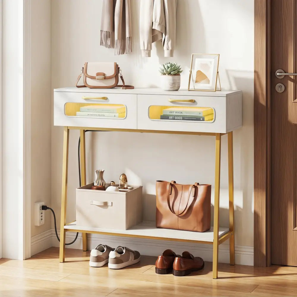 Console Table with LED Lights and Open Shelf for Hallway Entrance-White - White - Console Tables