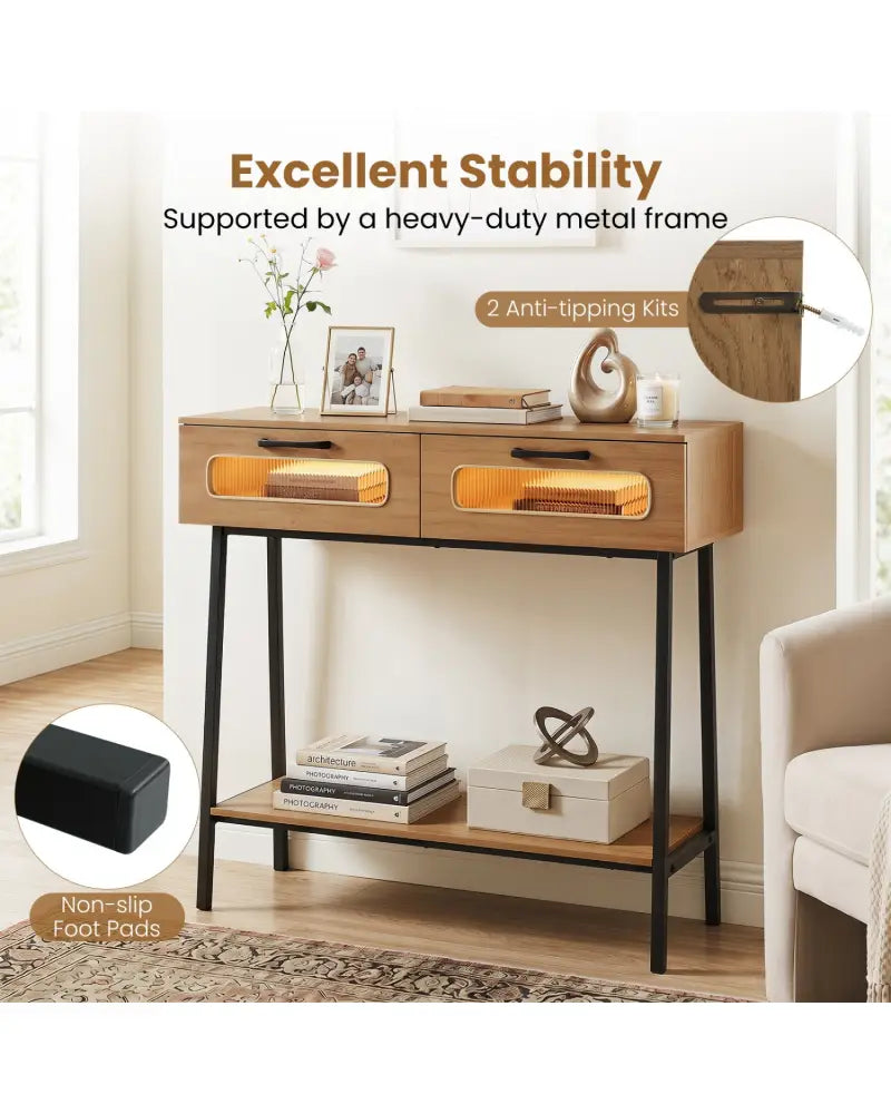 Console Table with LED Lights and Open Shelf for Hallway Entrance-Natural - Natural - Console Tables