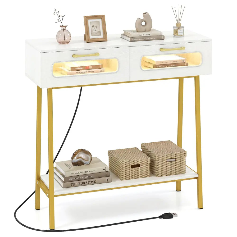 Console Table with LED Lights and Open Shelf for Hallway Entrance-White - White - Console Tables