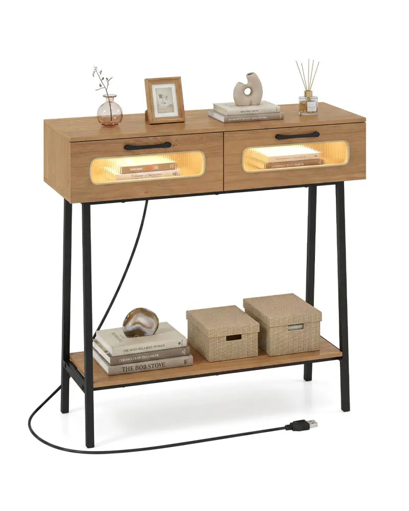 Console Table with LED Lights and Open Shelf for Hallway Entrance-Natural - Natural - Console Tables