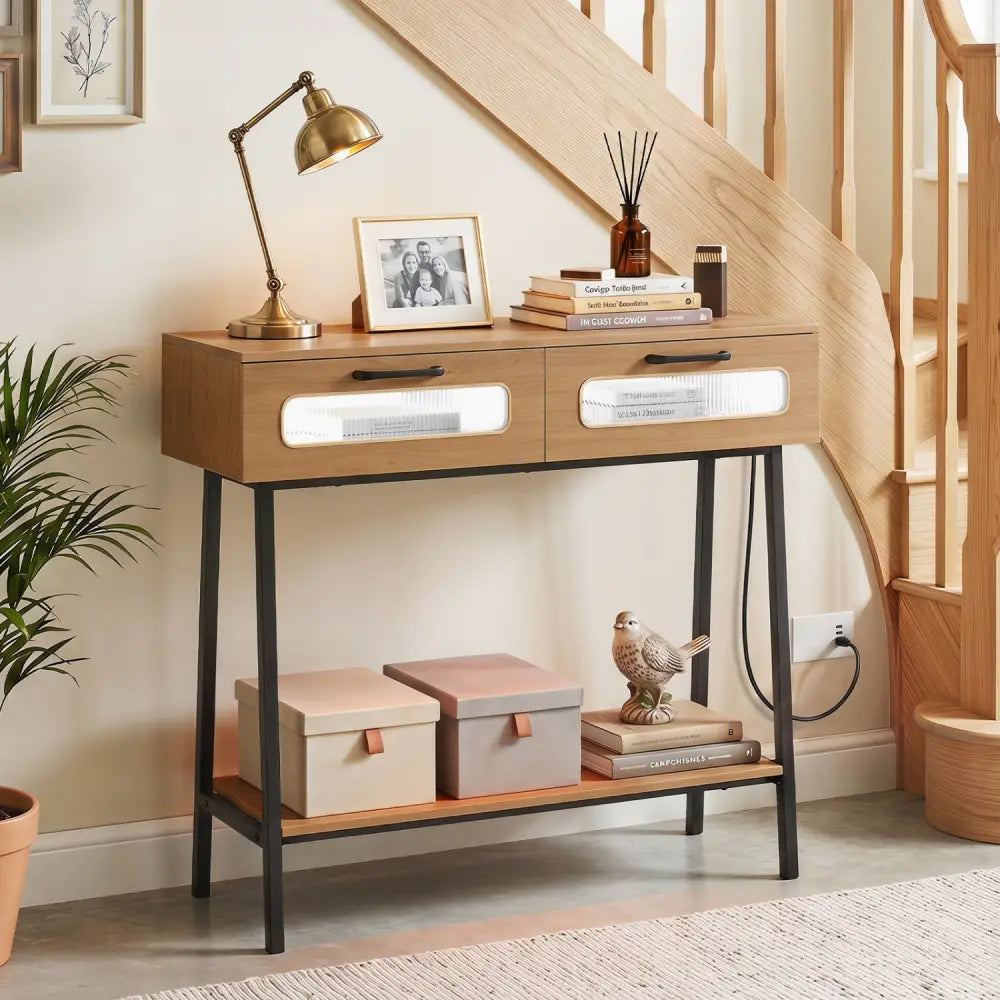 Console Table with LED Lights and Open Shelf for Hallway Entrance-Natural - Natural - Console Tables