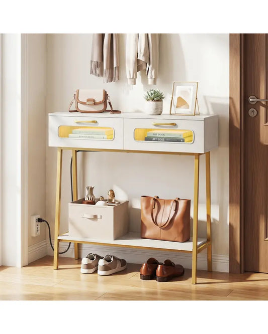 Console Table with LED Lights and Open Shelf for Hallway Entrance-White - White - Console Tables