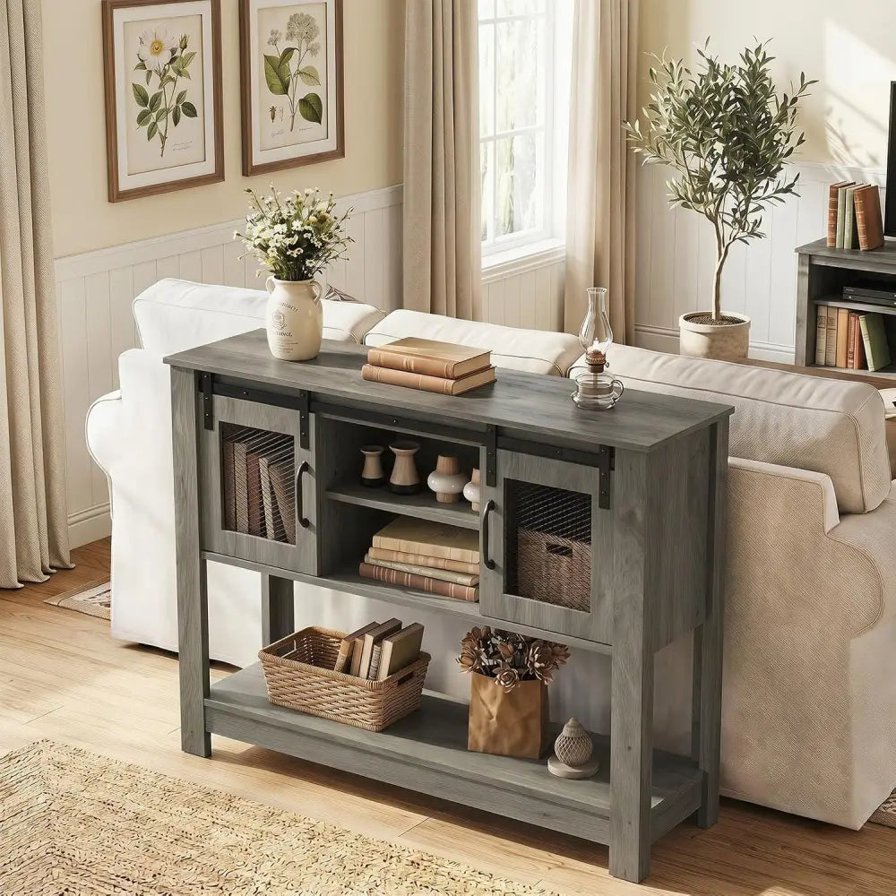 Console Table with Sliding Barn Doors and Storage Cabinets-Gray - Gray - Console Tables