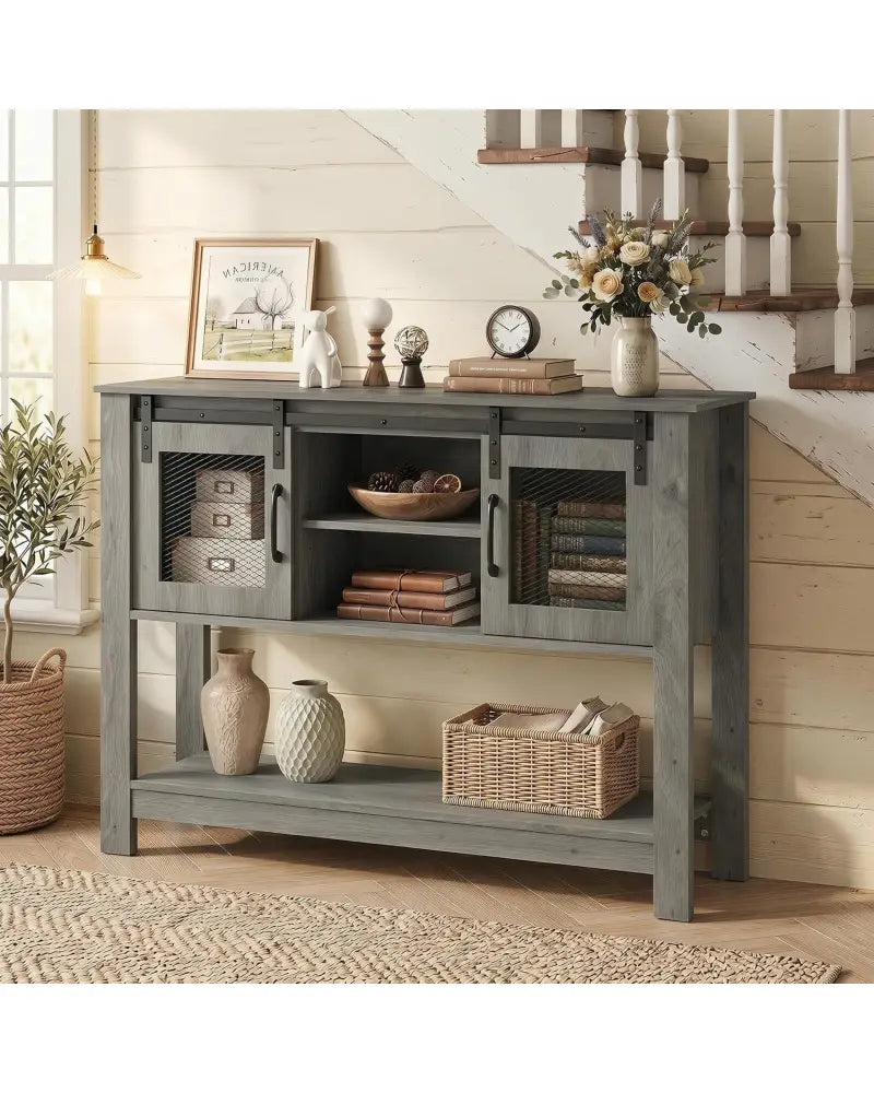 Console Table with Sliding Barn Doors and Storage Cabinets-Gray - Gray - Console Tables