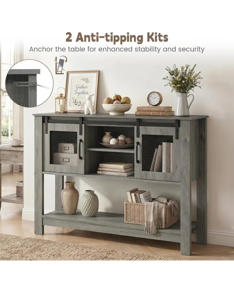 Console Table with Sliding Barn Doors and Storage Cabinets-Gray - Gray - Console Tables