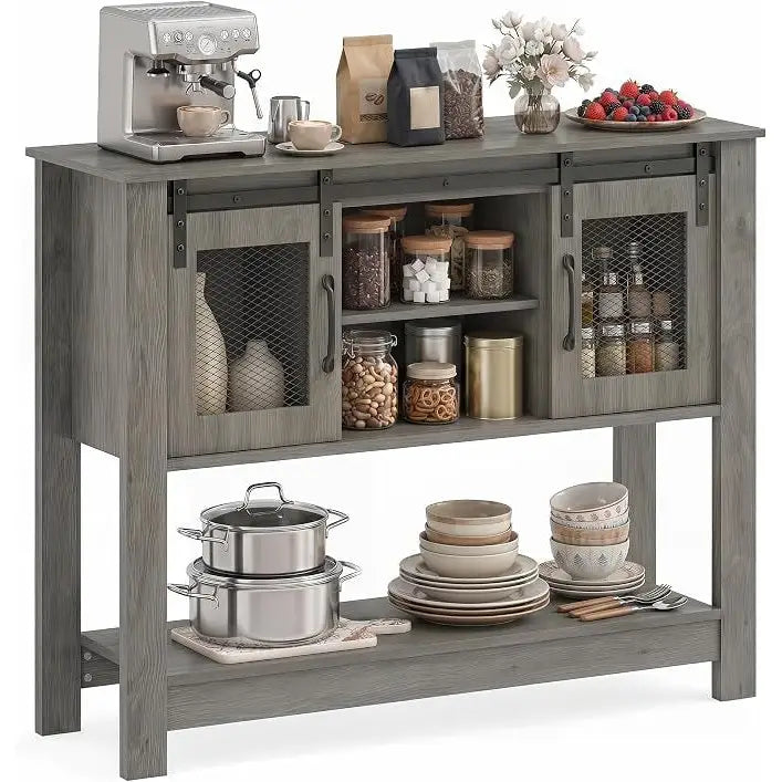 Console Table with Sliding Barn Doors and Storage Cabinets-Gray - Gray - Console Tables