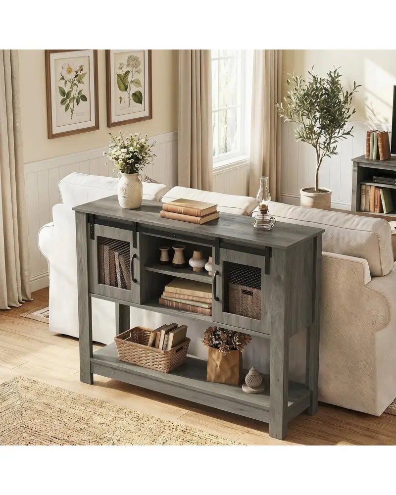 Console Table with Sliding Barn Doors and Storage Cabinets-Gray - Gray - Console Tables