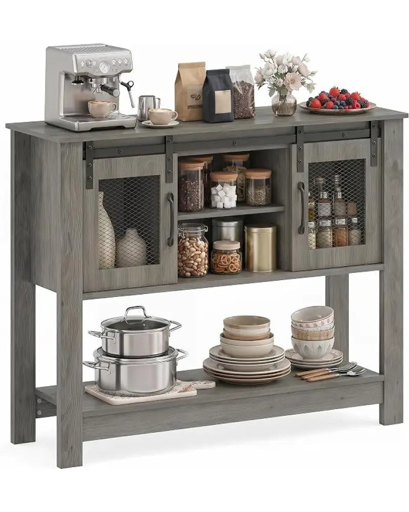 Console Table with Sliding Barn Doors and Storage Cabinets-Gray - Gray - Console Tables