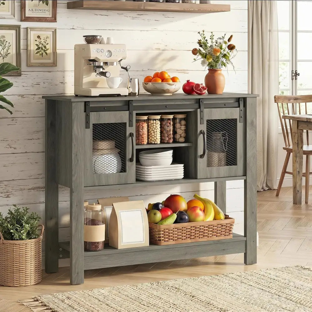Console Table with Sliding Barn Doors and Storage Cabinets-Gray - Gray - Console Tables