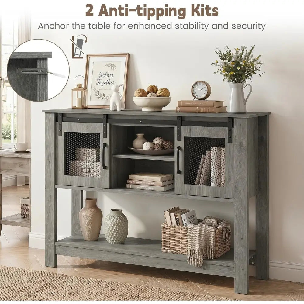 Console Table with Sliding Barn Doors and Storage Cabinets-Gray - Gray - Console Tables
