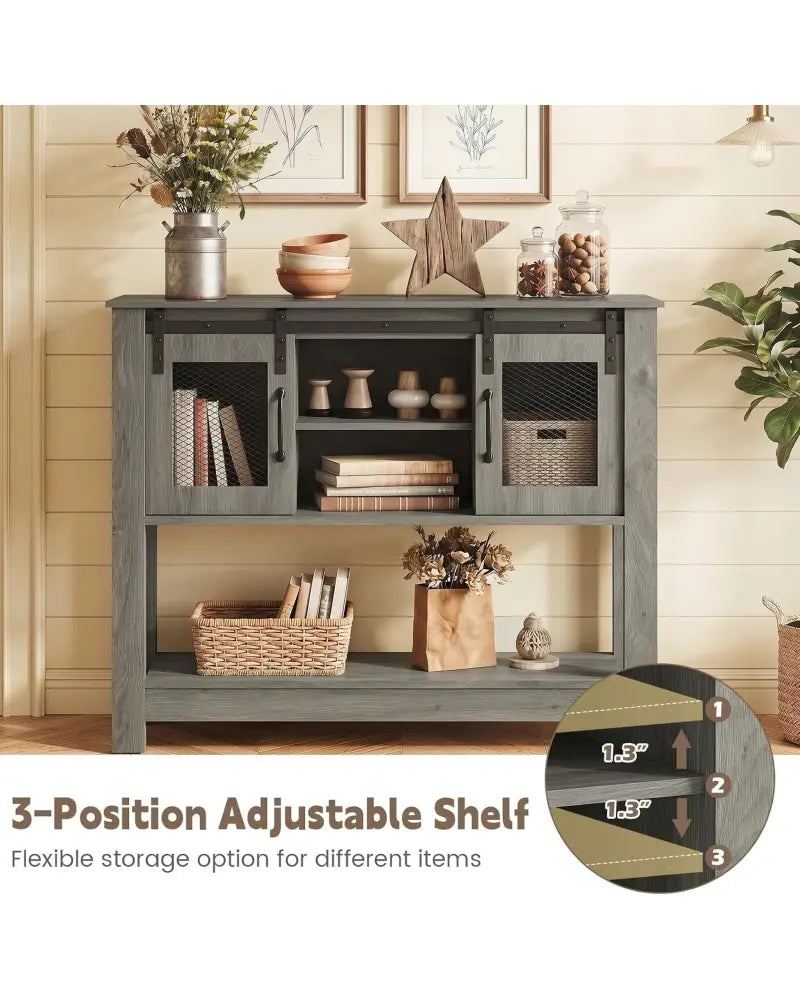 Console Table with Sliding Barn Doors and Storage Cabinets-Gray - Gray - Console Tables