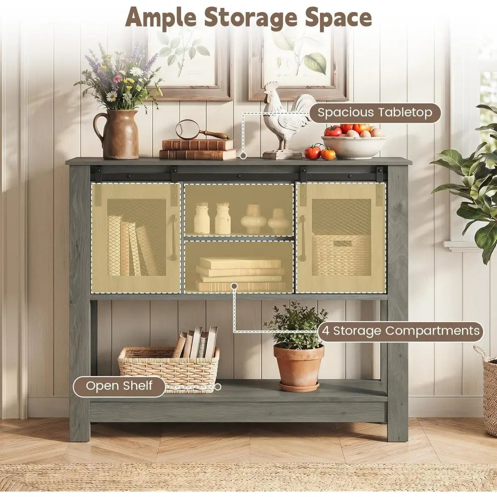 Console Table with Sliding Barn Doors and Storage Cabinets-Gray - Gray - Console Tables