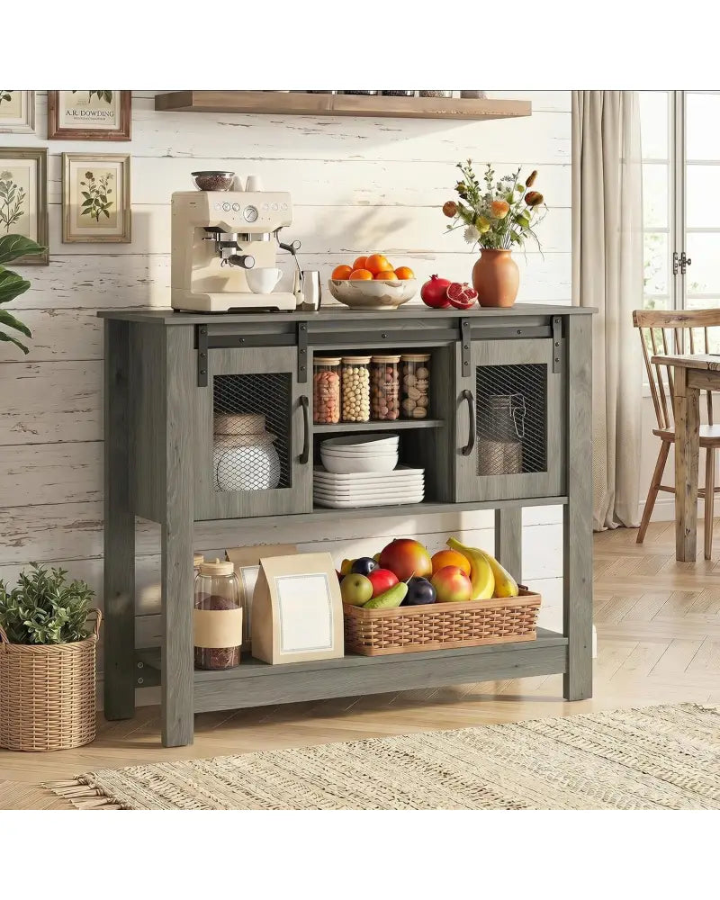 Console Table with Sliding Barn Doors and Storage Cabinets-Gray - Gray - Console Tables