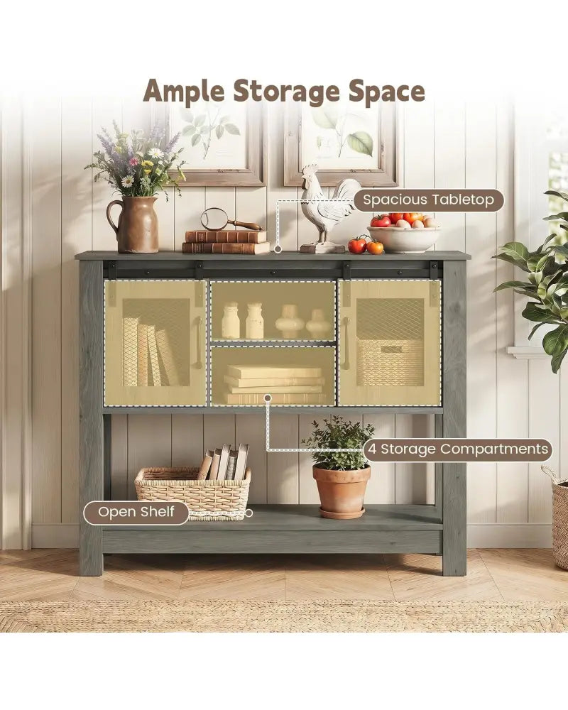 Console Table with Sliding Barn Doors and Storage Cabinets-Gray - Gray - Console Tables