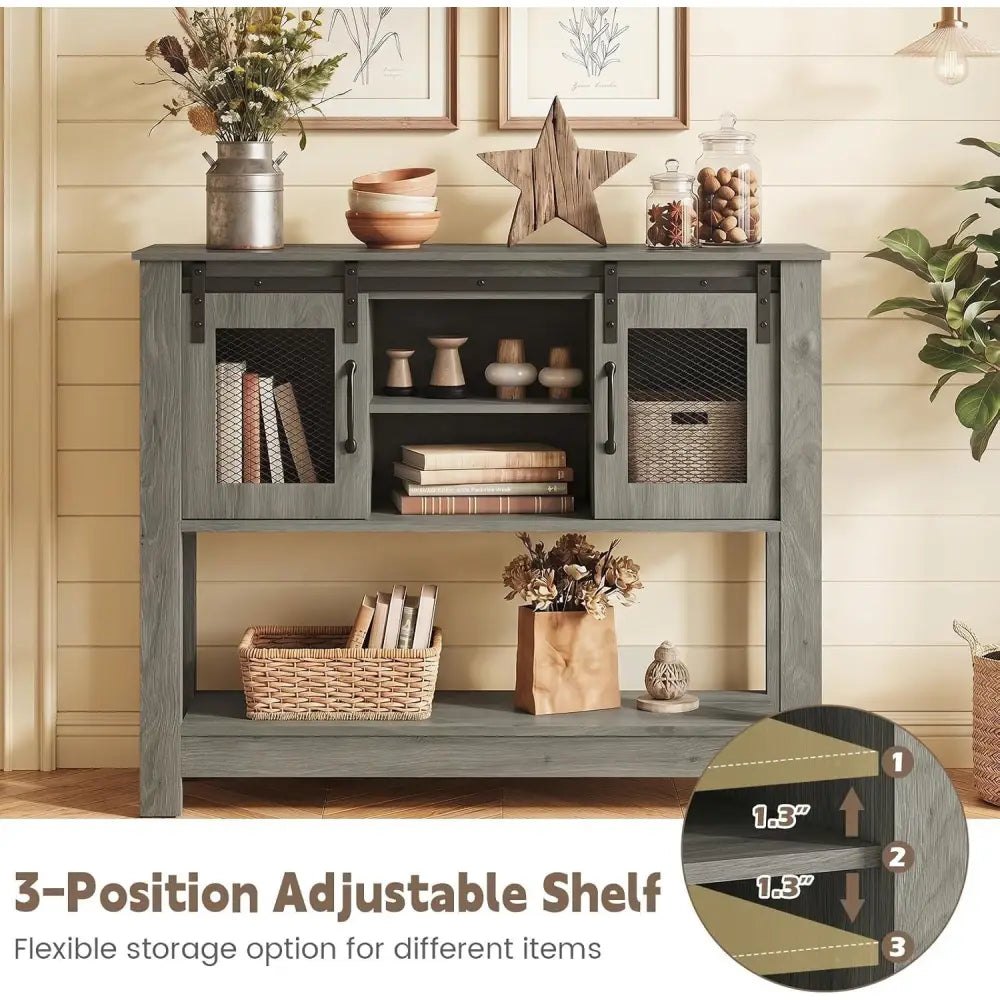 Console Table with Sliding Barn Doors and Storage Cabinets-Gray - Gray - Console Tables