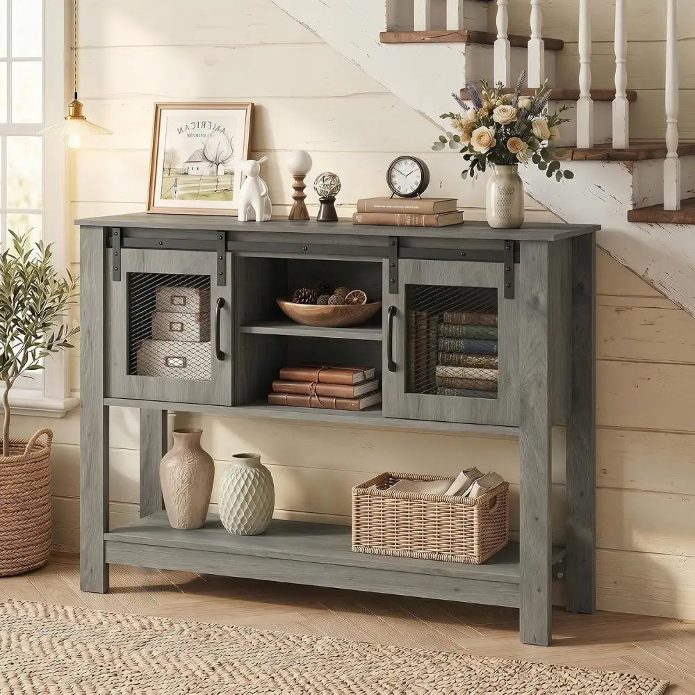 Console Table with Sliding Barn Doors and Storage Cabinets-Gray - Gray - Console Tables