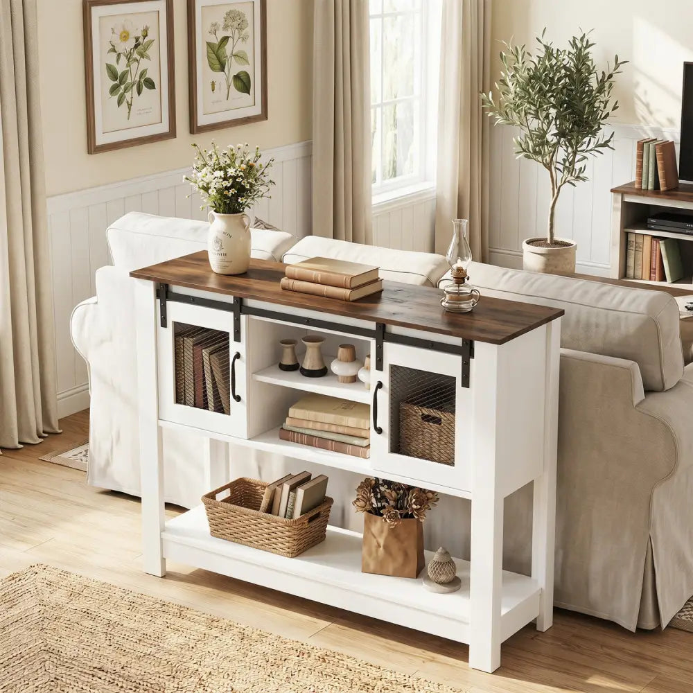 Console Table with Sliding Barn Doors and Storage Cabinets-Rustic Brown - Rustic Brown - Console Tables