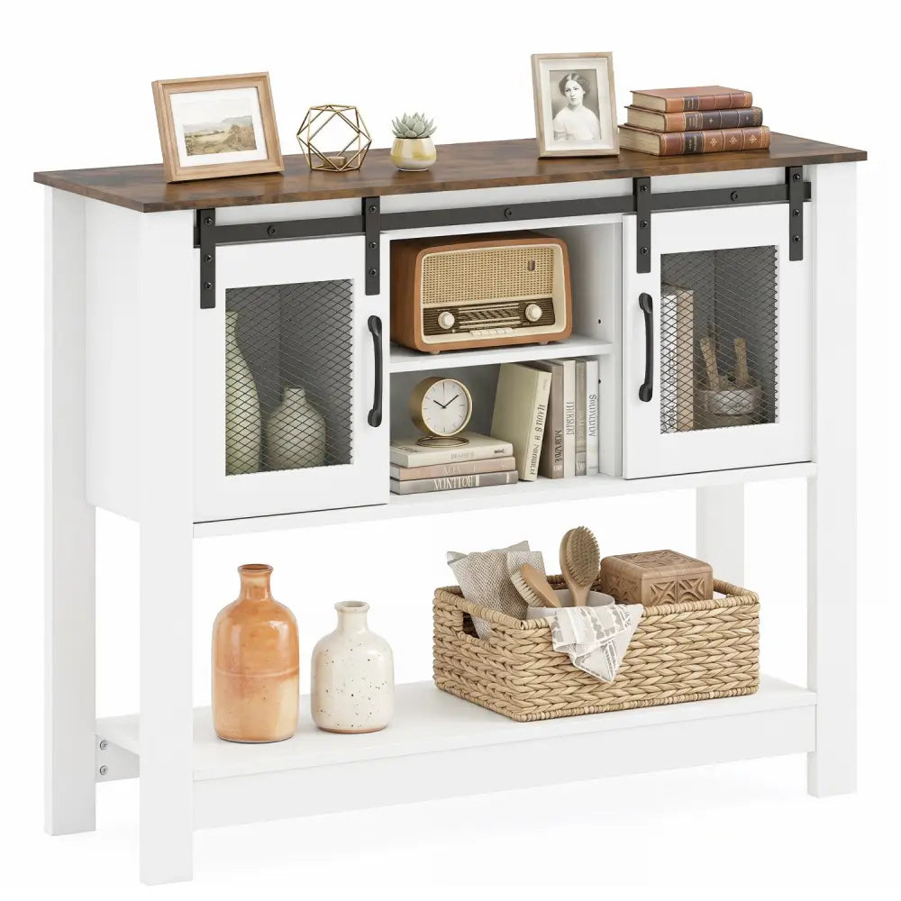Console Table with Sliding Barn Doors and Storage Cabinets-Rustic Brown - Rustic Brown - Console Tables