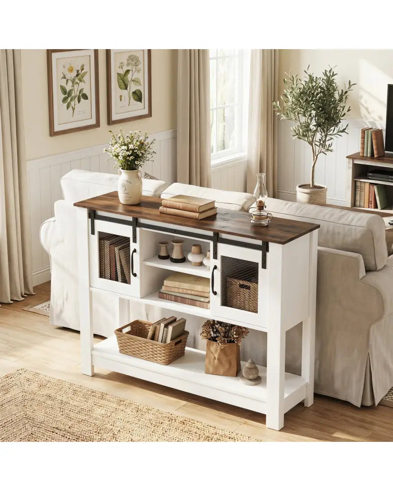 Console Table with Sliding Barn Doors and Storage Cabinets-Rustic Brown - Rustic Brown - Console Tables