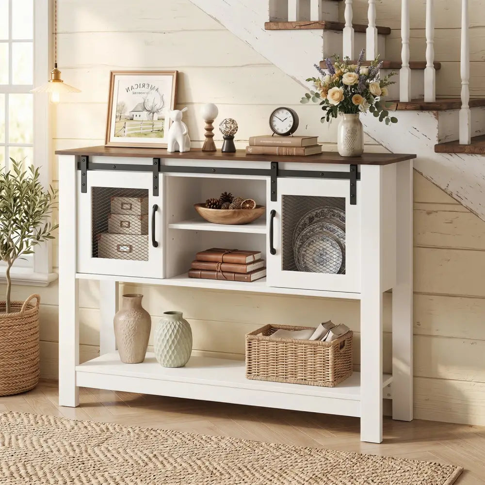Console Table with Sliding Barn Doors and Storage Cabinets-Rustic Brown - Rustic Brown - Console Tables