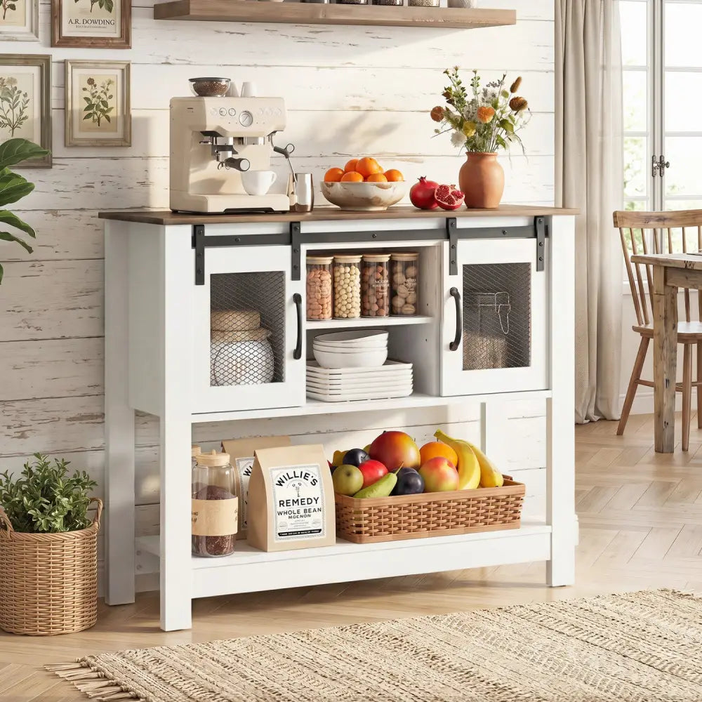Console Table with Sliding Barn Doors and Storage Cabinets-Rustic Brown - Rustic Brown - Console Tables
