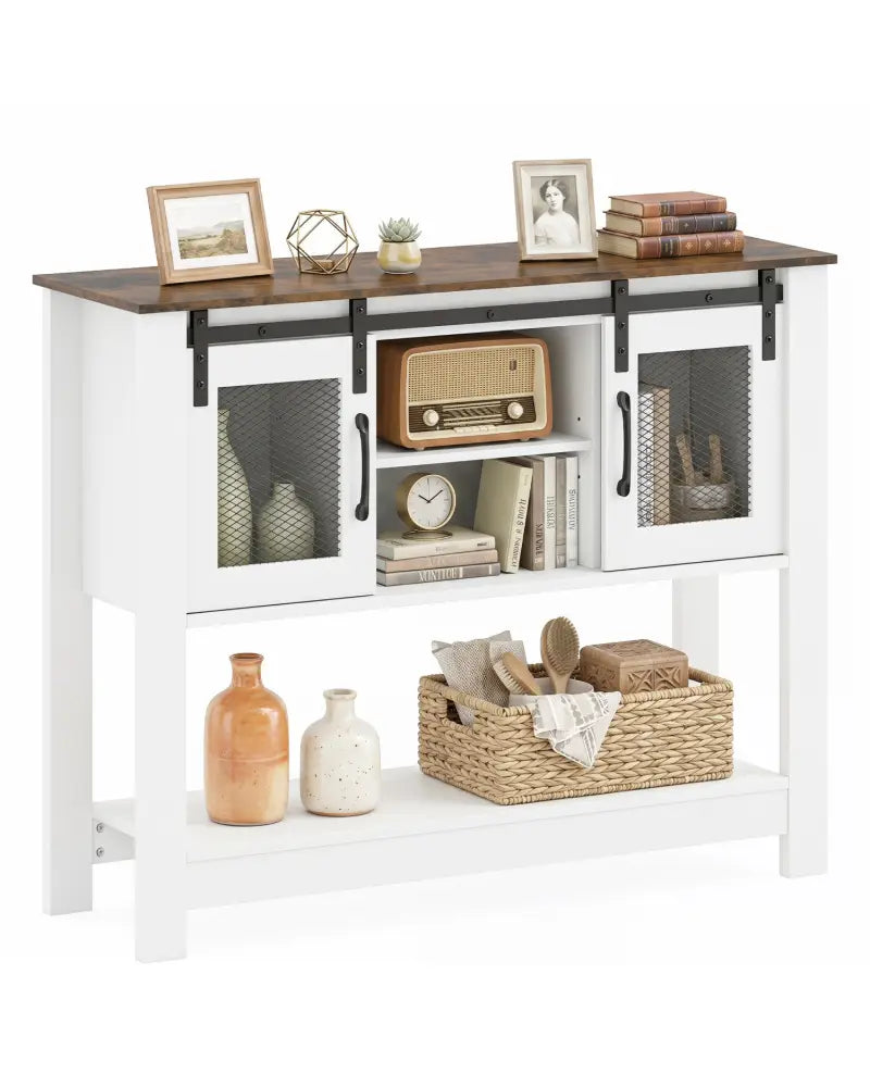 Console Table with Sliding Barn Doors and Storage Cabinets-Rustic Brown - Rustic Brown - Console Tables