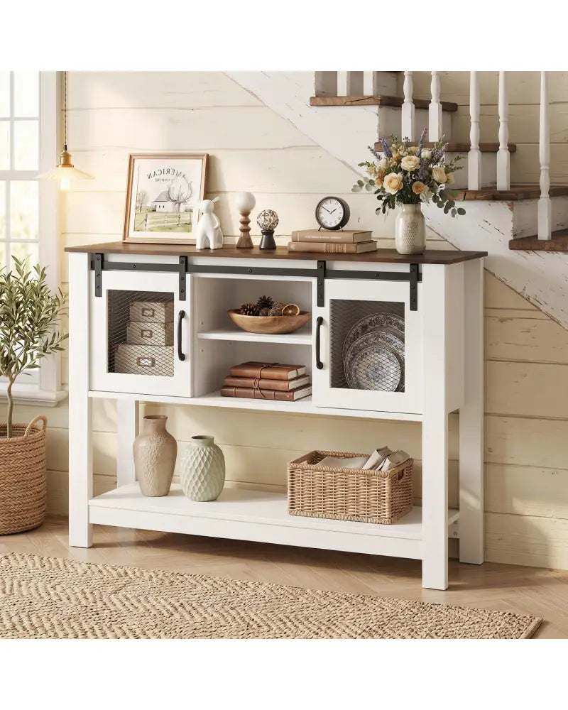 Console Table with Sliding Barn Doors and Storage Cabinets-Rustic Brown - Rustic Brown - Console Tables