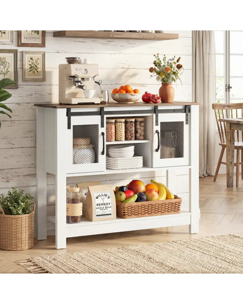 Console Table with Sliding Barn Doors and Storage Cabinets-Rustic Brown - Rustic Brown - Console Tables
