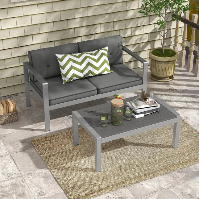 Contemporary 2-Person Sofa Chair with WPC Armrests for Balcony Backyard Porch - Gray - Outdoor Benches