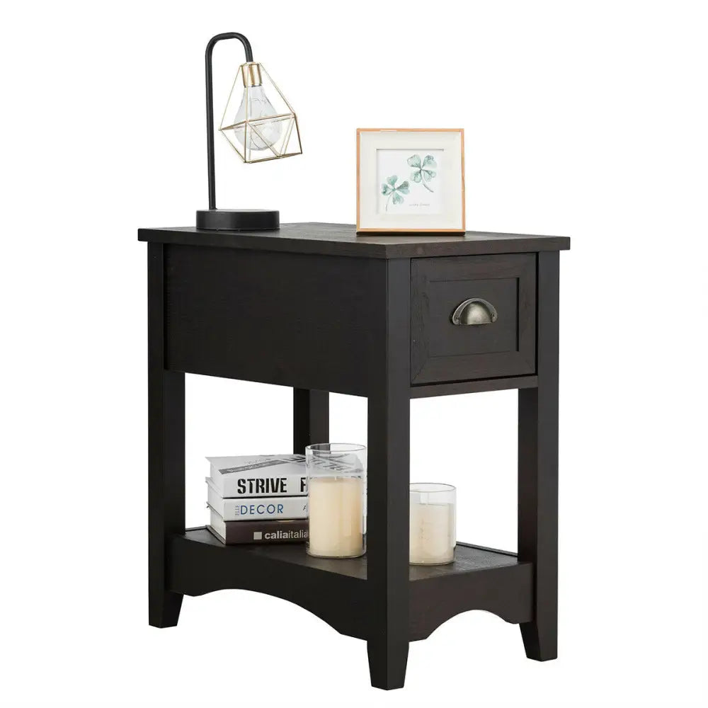 Contemporary Chair Side End Table Compact Table with Drawer Nightstand-Coffee - Brown - End & Side Tables