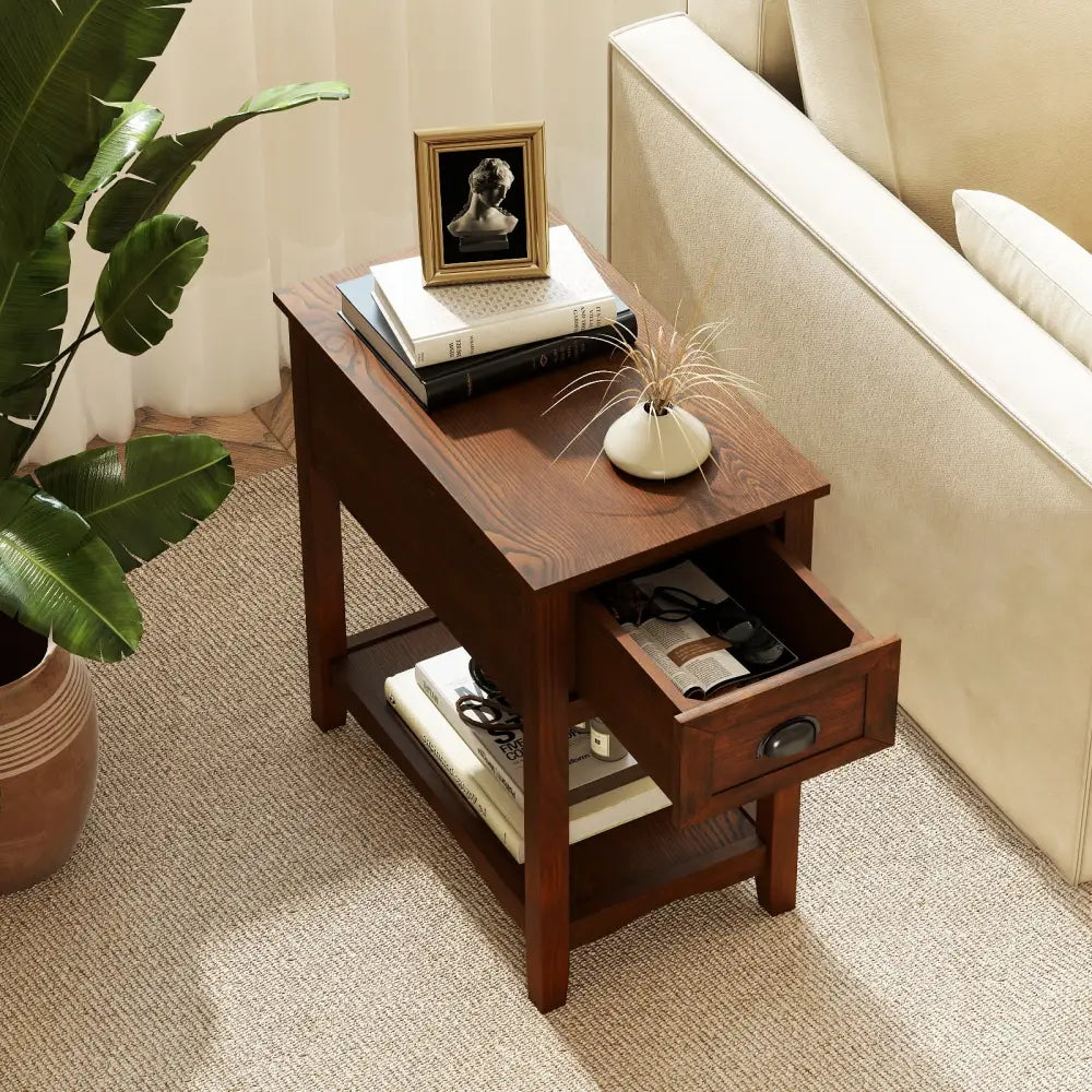 Contemporary Chair Side End Table Compact Table with Drawer Nightstand-Natural - Natural - End & Side Tables