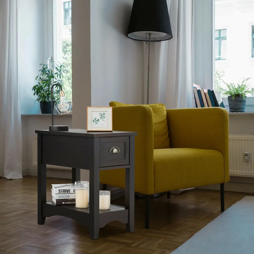 Contemporary Chair Side End Table Compact Table with Drawer Nightstand-Coffee - Brown - End & Side Tables