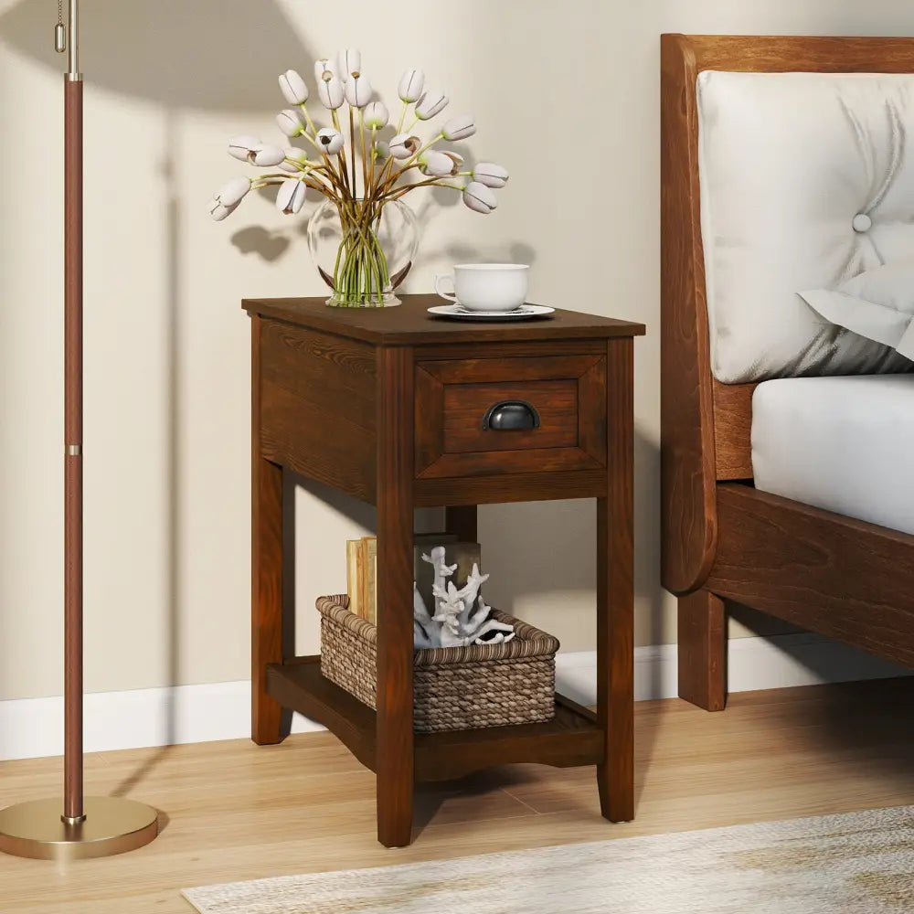 Contemporary Chair Side End Table Compact Table with Drawer Nightstand-Natural - Natural - End & Side Tables