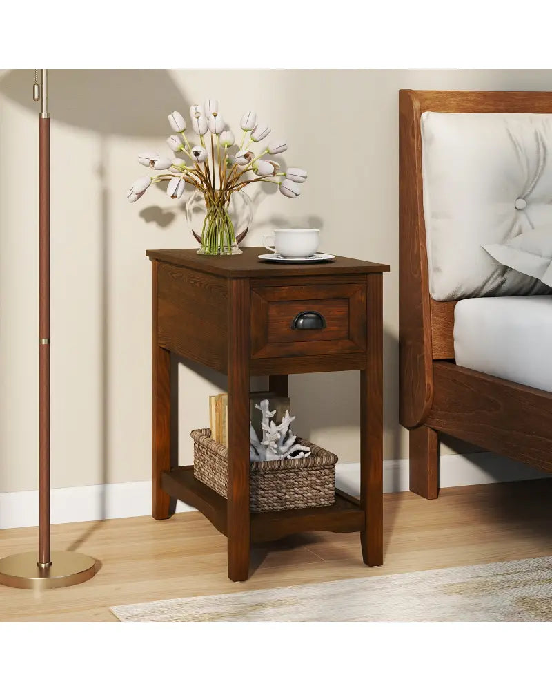Contemporary Chair Side End Table Compact Table with Drawer Nightstand-Natural - Natural - End & Side Tables