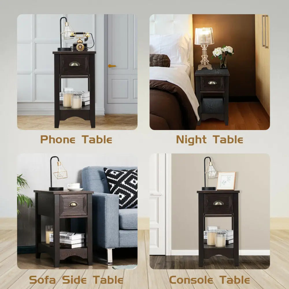 Contemporary Chair Side End Table Compact Table with Drawer Nightstand-Coffee - Brown - End & Side Tables