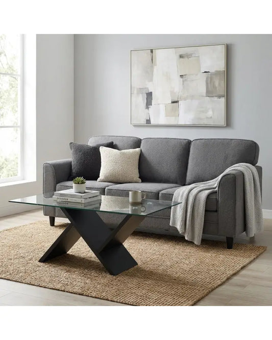 Contemporary Living Room Furniture Suite: Modern 3-Seat Teddy Velvet Sofa + 47-Inch Glass Coffee Table - Living Room