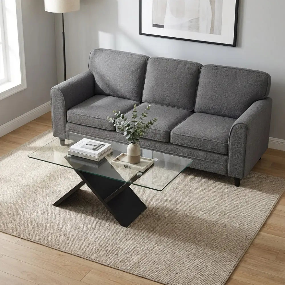 Contemporary Living Room Furniture Suite: Modern 3-Seat Teddy Velvet Sofa + 47-Inch Glass Coffee Table - Living Room