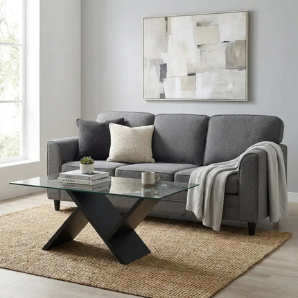 Contemporary Living Room Furniture Suite: Modern 3-Seat Teddy Velvet Sofa + 47-Inch Glass Coffee Table - Living Room