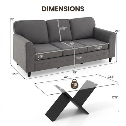 Contemporary Living Room Furniture Suite: Modern 3-Seat Teddy Velvet Sofa + 47-Inch Glass Coffee Table - Living Room