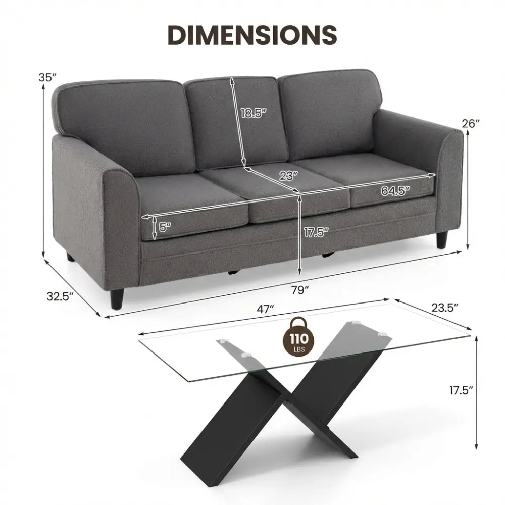 Contemporary Living Room Furniture Suite: Modern 3-Seat Teddy Velvet Sofa + 47-Inch Glass Coffee Table - Living Room
