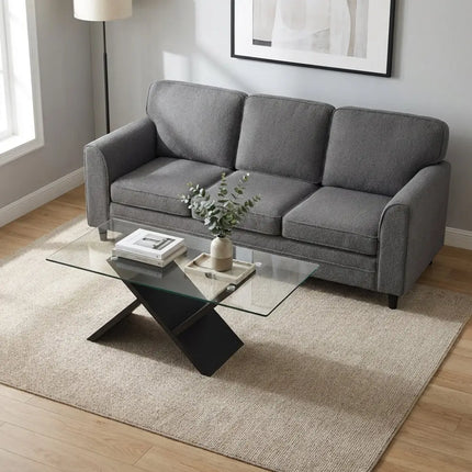 Contemporary Living Room Furniture Suite: Modern 3-Seat Teddy Velvet Sofa + 47-Inch Glass Coffee Table - Living Room
